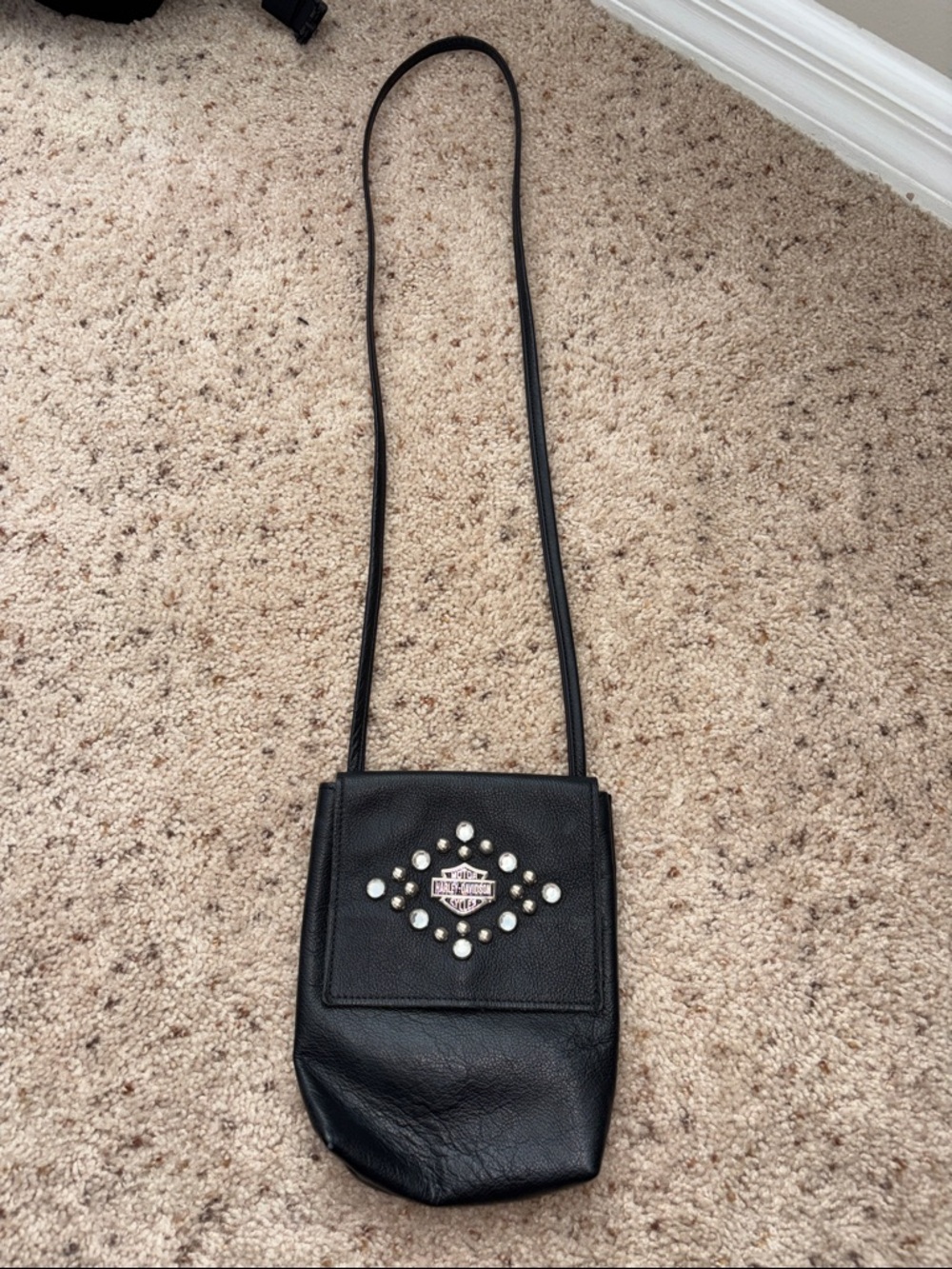 Harley Davidson Black Leather Crossbody Phone Bag with Stud Detail